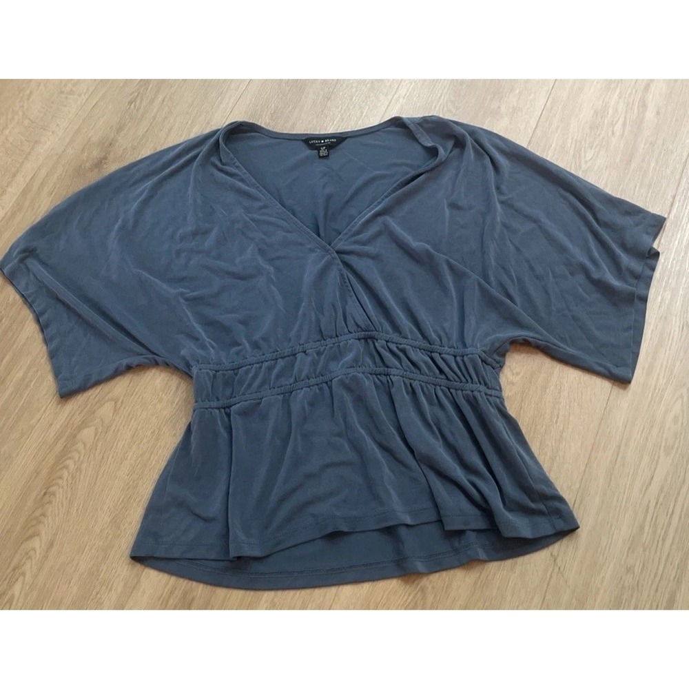 Lucky Brand Women's Small Blue Surplice V-Neck Peplum Elastic Waist‎ Dolman Top
